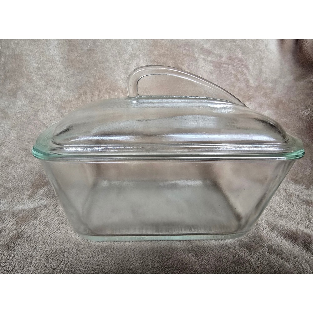 Vintage Glasbake Clear Glass Rectangular Loaf Pan with Fin Handle Lid Textured